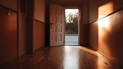 Fototapeta premium Golden hour sunlight streams through an open door illuminating an empty interior hallway with a warm glow
