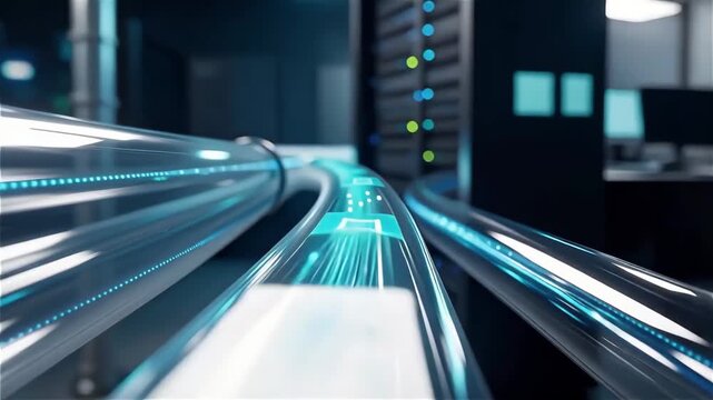 Close-up of glowing blue data cables indicating fast data transfer in a server room or digital network.