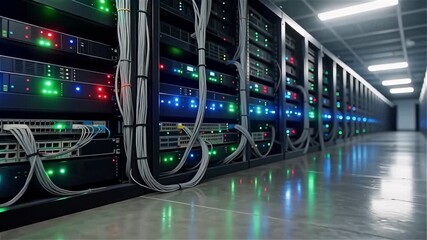Close-up of server racks with blinking lights and network cables in a data center. - Powered by Adobe