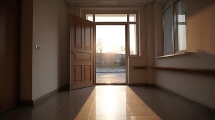 An open wooden door in a hallway reveals a bright sunset outside