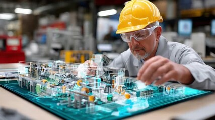 Engineering Vision: A skilled engineer, immersed in the digital realm, meticulously examines a complex circuit board, a fusion of physical expertise and advanced technology.