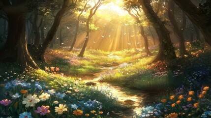 A serene painting depicting a lush forest setting.