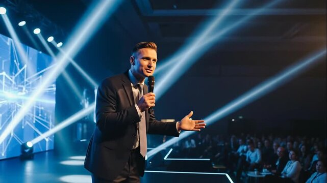 Caucasian man speaker performing on stage with audience viewing. Business conference presentation with audience and light beams.