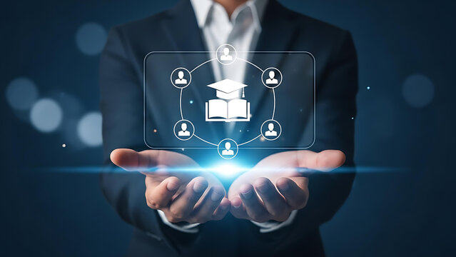 A man showcases digital education network connecting learners with knowledge and graduation in a modern, professional learning environment for business growth