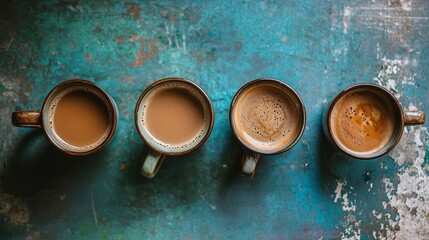 A quartet of coffee mugs displayed in harmony. 