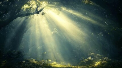 Golden rays illuminate a tranquil forest scene.