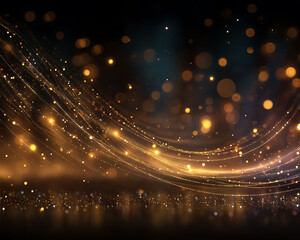 Commercial New Year background. Elegant dark and gold gradient backdrop with sparkling light effects, glitter particles and bokeh lights.