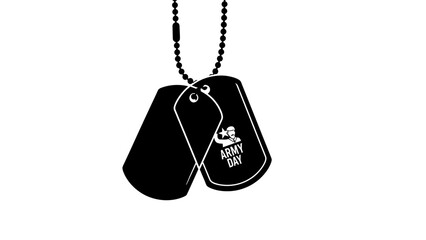 A pair of black military dog tags on a chain, one with an "ARMY DAY" graphic and a flexing arm illustration.