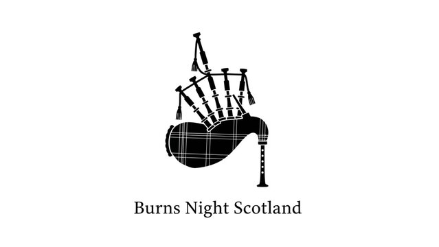 A black silhouette of a Scottish bagpipe with a tartan pattern on the bag, accompanied by the text "Burns Night Scotland" on a white background.