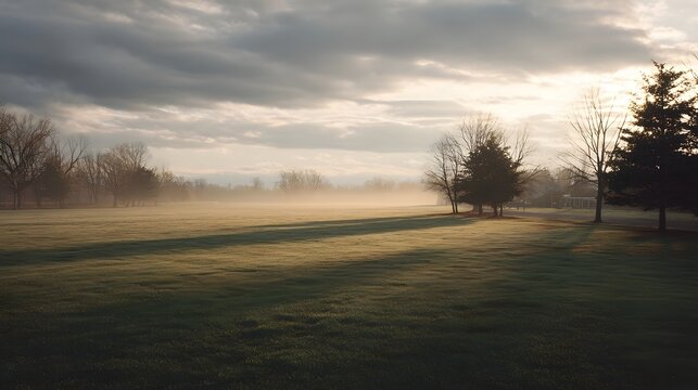 Serene dawn light illuminates a misty meadow with long shadows cast by scattered trees