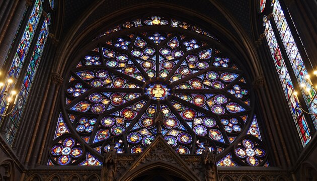 Colorful Stained Glass Rose Window in Gothic Cathedral Interior
