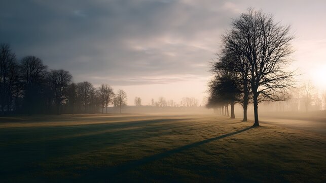 A line of bare trees casts long shadows across a misty meadow during dawn