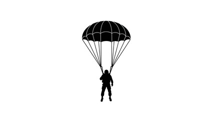 Silhouette of a person parachuting with an open canopy against a white background.