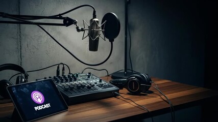 Podcast studio equipment setup with microphone, mixer, and tablet for recording audio content.