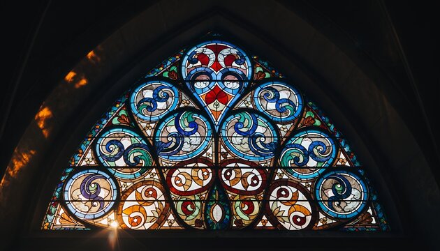 Colorful Stained Glass Window with Intricate Swirling Patterns in Gothic Style