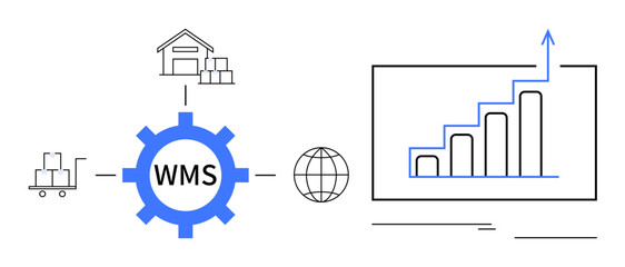 Gear labeled WMS connected to warehouse, cart, globe, and chart with upward graph. Ideal for inventory, supply chain, logistics, analytics, process optimization technology performance growth