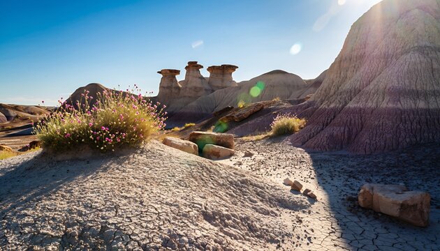 Desert Landscape with Eroded Rock Formations and Sunlit Pink Flowers in Bright Sunlight