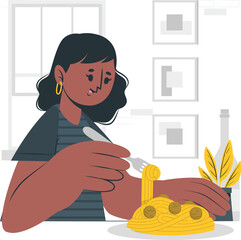 Woman eating spaghetti with meatballs and sauce Keywords: woman, eating, spaghetti, pasta