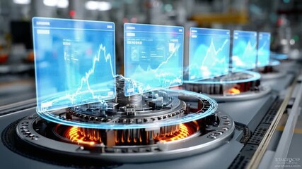 Digital Data Stream: A sleek, modern industrial setting showcases a series of holographic displays, each visualizing dynamic data streams. The vibrant digital interfaces overlay intricate machinery. - Powered by Adobe