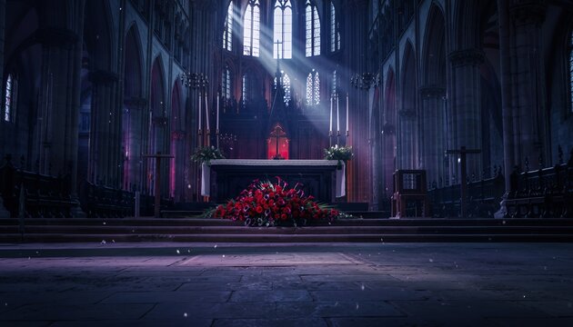 Empty Gothic Cathedral Interior with Altar and Floral Arrangement in Dim Lighting