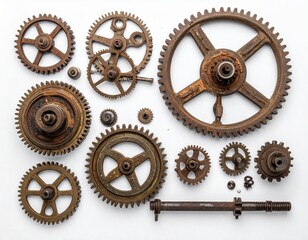 Close-up photograph of an old, rusty gear mechanism, representing vintage industry, time, complexity, and historical machinery.