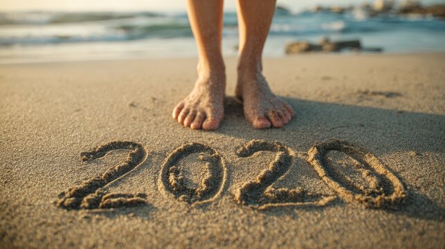 A person standing on the beach with their feet in the sand - Powered by Adobe