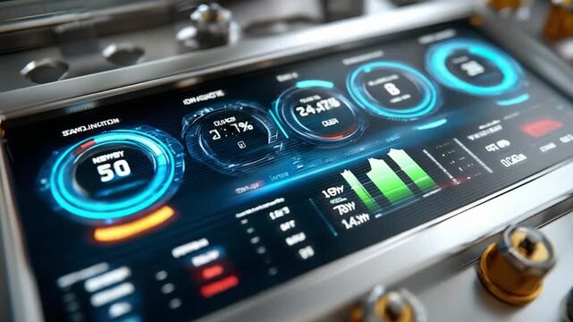 Digital Interface: An up-close view reveals a sophisticated digital interface displaying vibrant data visualizations and readings, providing insight into the functionality of modern technology.