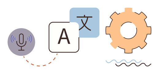Microphone symbolizing voice input, language translation blocks, and gear for process automation. Ideal for communication, translation, technology, AI, accessibility, linguistic tools and innovation