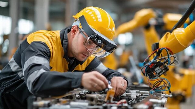 Precision and Automation: A skilled technician, equipped with advanced gear, meticulously works on intricate circuits within a modern industrial setting, the tools of the future at their fingertips.