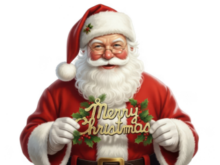 Friendly santa claus holding a merry christmas sign isolated on transparent background