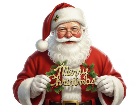Friendly santa claus holding a merry christmas sign isolated on transparent background