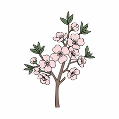 Obraz premium Stylized Pink Blossom Branch with Dark Green Leaves and Brown Stem