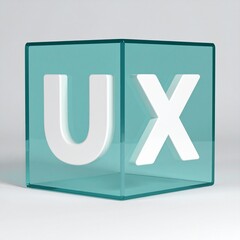 UX letters on a teal transparent cube, user experience, 3d render, computer, website,  software, app, application, game, web, system, information system, design