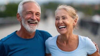 Happy Elderly Couple Embrace: An elderly couple shares a moment of laughter, their faces radiant with joy and contentment. Their connection exemplifies the strength of enduring love.