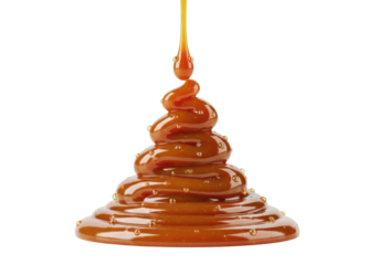 Rich, glossy, golden-brown caramel sauce precisely drizzled with a small drip and sparkling highlights, isolated on a transparent background with copy space, culinary perfection concept for