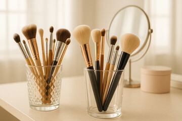 Elegant assorted makeup brush cosmetic tool in glass holder. serene beauty accessory for daily self care routine