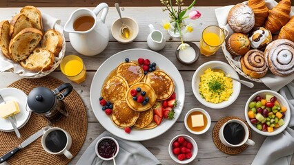 Overhead view of a delicious and abundant brunch spread on a wooden table.