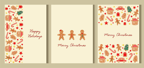 Set of gingerbread cookies posters. Christmas vector for flyers, postcards, design, social media.

