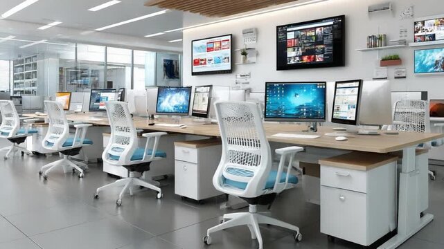 Modern Office: Capturing a contemporary office space, featuring sleek desks and ergonomic chairs, this image evokes the spirit of innovation and collaborative work