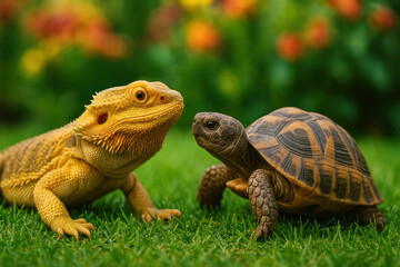 Obraz premium Curious bearded dragon lizard and tortoise reptile show cute animal friendship while interacting on green grass lawn