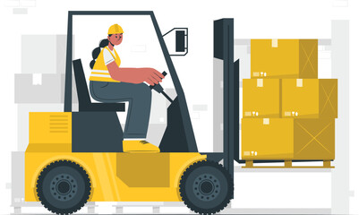 Woman operating forklift loading boxes in warehouse Keywords: forklift, woman, operator