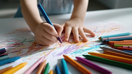 Children's colorful drawing activity showcasing creativity, imagination, artistic expression, fun craft with crayons and paper for kids' development and entertainment