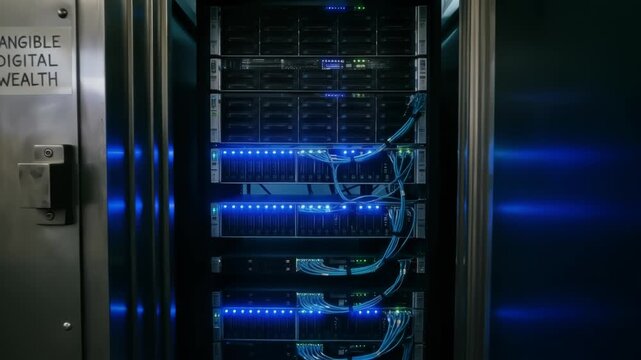 Digital investment AI technology secures tangible digital wealth stored advanced server racks with glowing blue lights inside secure data center vault