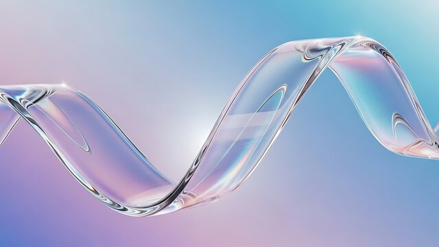 Abstract transparent ribbon with water droplets and iridescent colors on soft gradient background