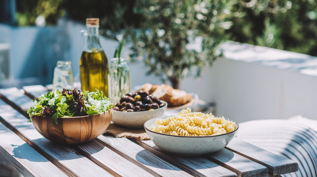 Fresh pasta dish with salad, olives, and olive oil on a sunny terrace. Perfect for healthy eating, Mediterranean cuisine, and outdoor dining. - Powered by Adobe