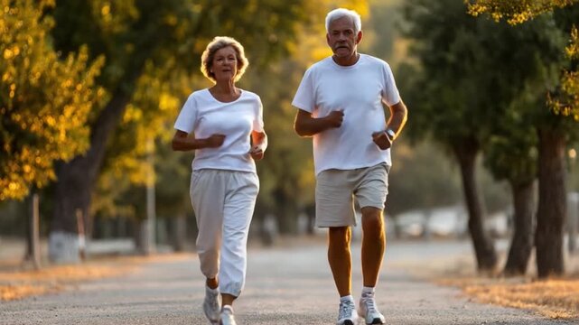 Golden Years on the Run: An elderly couple, full of life and vigor, jogs together along a scenic pathway amidst the golden hues of a sunny day, embodying the joy of active aging.
