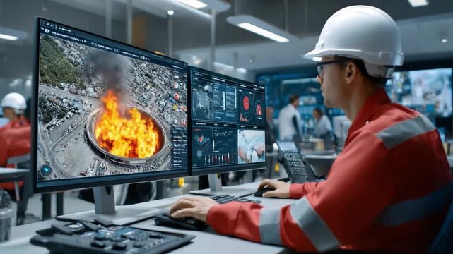 Engineering Observation: A focused engineer, donned in protective workwear and hard hat, monitors critical data on multiple large monitors, overseeing a simulation of industrial operations.