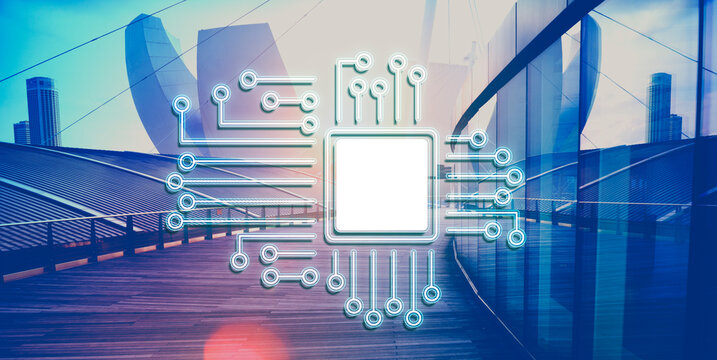 Abstract digital circuit board with glowing lines and a blank white screen in the center against a futuristic cityscape background