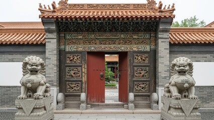 Traditional chinese architecture with lion statues at temple entrance