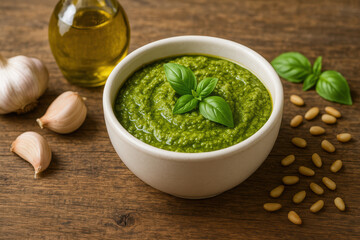 Delicious bowl of fresh green pesto sauce garnished with basil. Ingredients like garlic and pine nut surround it